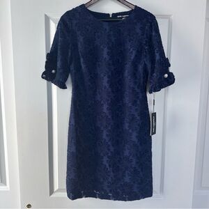 Karl Lagerfeld Paris Navy Floral Textured Mini Dress Short Sleeve Size 4 NWT